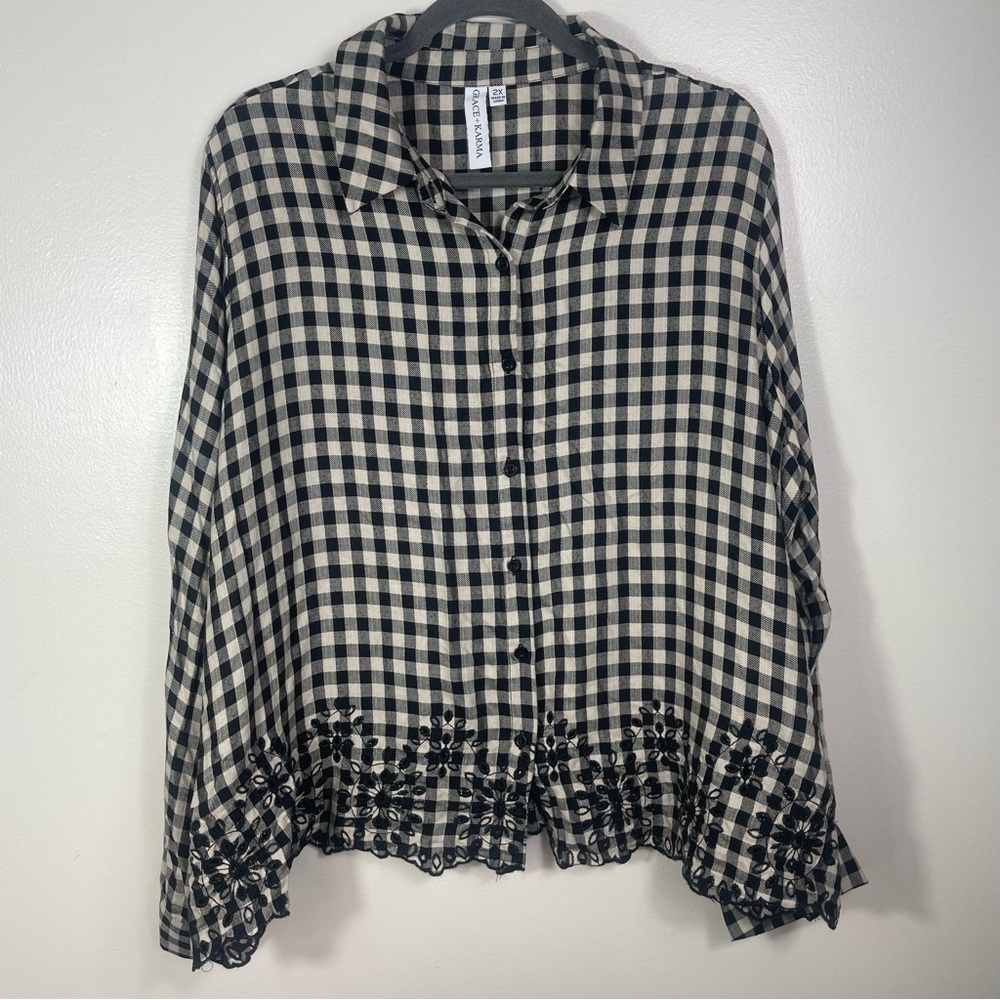 Plus Size Plaid Button Up Shirt with Floral Lace Embroidery Detail